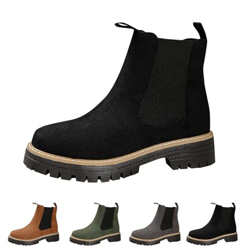 Stiefeletten zum Hineinschlüpfen für Damen, runder Zehenbereich, niedriger klobiger Absatz, Booties mit elastischen Seiten, bequemes, lässiges Kleid, Schlupfschuhe, Schwarz , 41 EU von Generisch