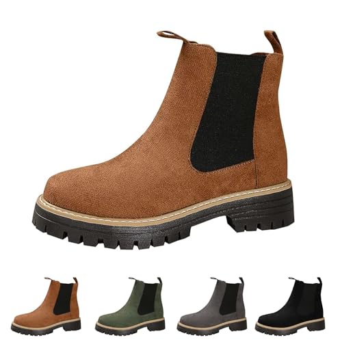 Stiefeletten zum Hineinschlüpfen für Damen, runder Zehenbereich, niedriger klobiger Absatz, Booties mit elastischen Seiten, bequemes, lässiges Kleid, Schlupfschuhe, braun, 41 EU von Generisch