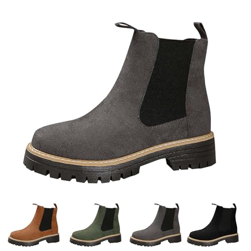 Stiefeletten zum Hineinschlüpfen für Damen, runder Zehenbereich, niedriger klobiger Absatz, Booties mit elastischen Seiten, bequemes, lässiges Kleid, Schlupfschuhe, grau, 37EU von Generisch