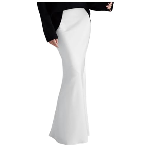 Stiftrock Frauen Frühling Sommer Rock 2024 Seide Elegante Hohe Taille Cocktail Party Hochzeit Saum Satin Maxi Röcke Satin Damen (White, L) von Generisch