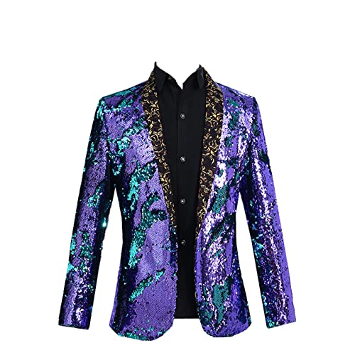 StilVoller Glänzender Pailletten-Blazer für Herren Schmal Geschnittener Party-Smoking mit Schalkragen Party Prom Sport Mantel Jacke Frack (XXL,Violett) von Generisch