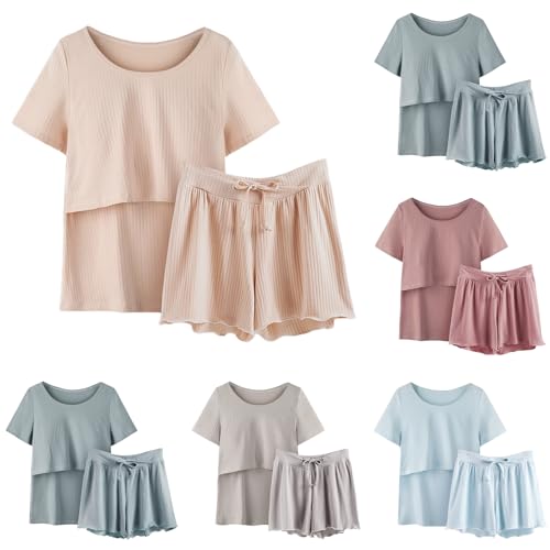 Still Schlafanzug Damen, Stillpyjama Set Damen Kurz Zweiteiliger Still Pyjama Baby Umstands Kurzarm Stillshirt und Shorts Mutterschaft Schlaf Schwangerschaft Stillfunktion Nachtwäsche Hausanzug von Generisch