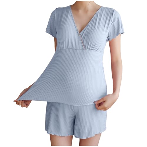 Still Schlafanzug Damen, Stillpyjama Set Damen Kurz Zweiteiliger Still Pyjama Baby Umstands Kurzarm Stillshirt und Shorts Mutterschaft Schlaf Schwangerschaft Stillfunktion Nachtwäsche Hausanzug von Generisch