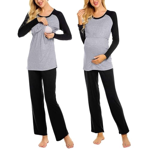 Still Schlafanzug Damen, Stillpyjama Set Damen Langarm Umstandsmode Zweiteiliger Still Pyjama Stillmode Schwangerschaft Schlafanzug Stillfunktion Geburt Set Maternity Nachtwäsche Hausanzug von Generisch