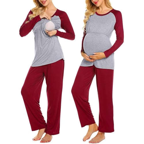 Still Schlafanzug Damen, Stillpyjama Set Damen Zweiteiliger Still Pyjama Langarm Stillshirt + Lang Hosen mit Elastischen Bund Umstandsmode Umstandspyjama Schwangerschaft Stillfunktion Nachtwäsche von Generisch