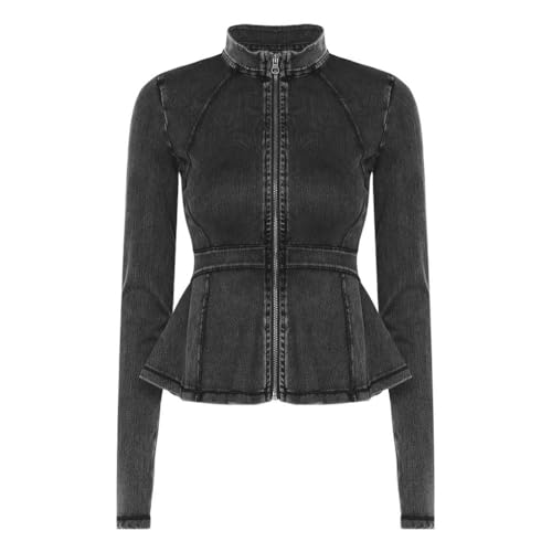 Stilvolle Damen-Denim-Jacke mit Schößchen, Stehkragen, lange Ärmel, Reißverschluss, schmale Passform, Rüschen, dunkelgrau, M von Generisch