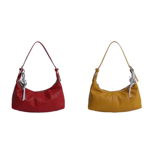 Stilvolle Unterarmtasche aus PU-Leder für Damen und Mädchen, lässige Halbmond-Handtasche mit verstellbarem langem Riemen, Rot + Gelb, 190*150*60mm von Generisch