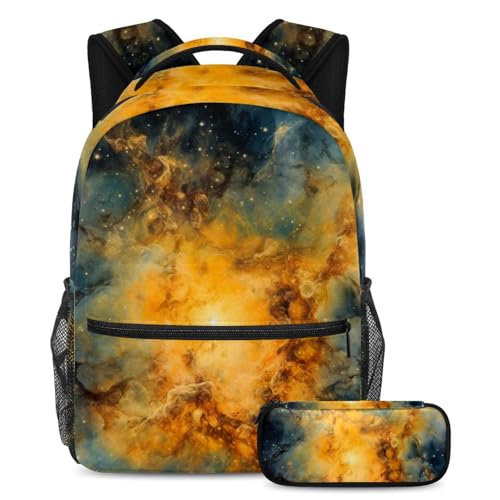 Stilvoller 2-teiliger Rucksack mit Federmäppchen, perfektes Schultaschen-Set für Jungen, Mädchen und Teenager, gelbe Galaxie, mehrfarbig, B：29.4x20x40cm P：19x7.5x3.8cm, Tagesrucksäcke von Generisch