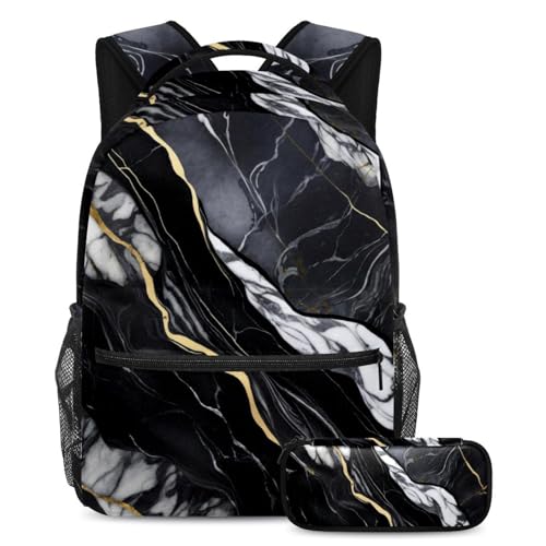 Stilvoller Rucksack mit Federmäppchen, ultimatives Schulranzen-Set für modische Jungen, Mädchen und Teenager, schwarze Marmorstruktur, mehrfarbig, B：29.4x20x40cm P：19x7.5x3.8cm, Tagesrucksäcke von Generisch