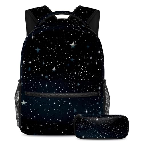 Stilvoller Rucksack mit Federmäppchen, ultimatives Schulranzen-Set für modische Jungen, Mädchen und Teenager, schwarzer Sternenhimmel, mehrfarbig, B：29.4x20x40cm P：19x7.5x3.8cm, Tagesrucksäcke von Generisch