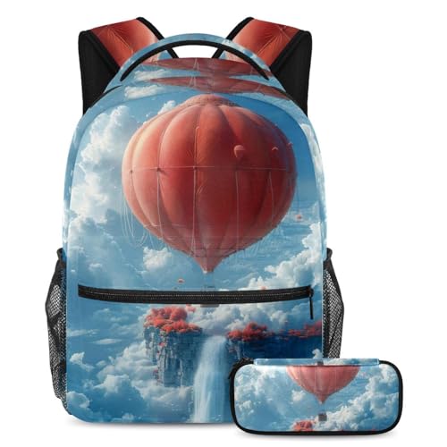 Stilvoller Rucksack mit Federmäppchen-Set, perfekt für Jungen, Mädchen und Teenager, rotes Heißluftballon-Muster, mehrfarbig, B：29.4x20x40cm P：19x7.5x3.8cm, Tagesrucksäcke von Generisch