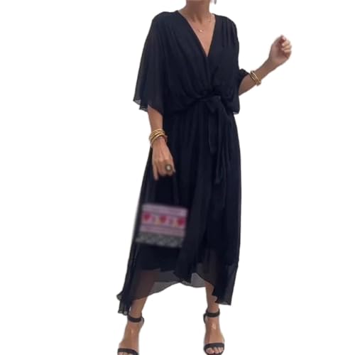 Stilvolles und elegantes Maxikleid mit V-Ausschnitt, gestuftes Chiffon-Maxikleid für Damen, einfarbig, Schnürung, langer Rock, Fledermausärmel, unregelmäßige Kleider, Schwarz , XL von Generisch