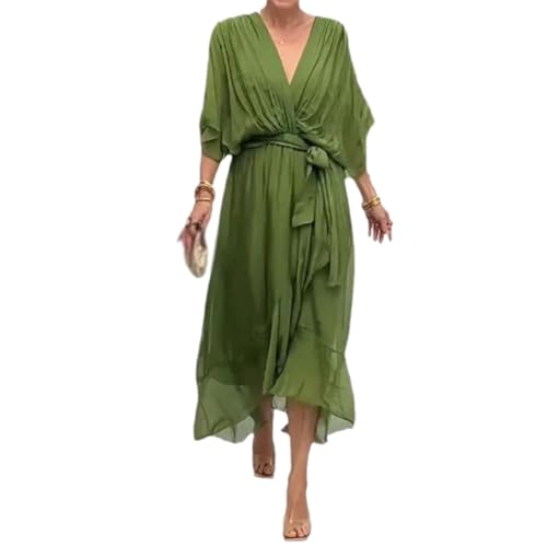 Stilvolles und elegantes Maxikleid mit V-Ausschnitt, gestuftes Chiffon-Maxikleid für Damen, einfarbig, Schnürung, langer Rock, Fledermausärmel, unregelmäßige Kleider, grün, XXL von Generisch