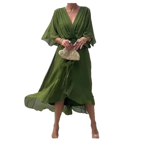 Stilvolles und elegantes Maxikleid mit V-Ausschnitt, hohe Taille, Chiffon-Kleid für Damen, grün, M von Generisch