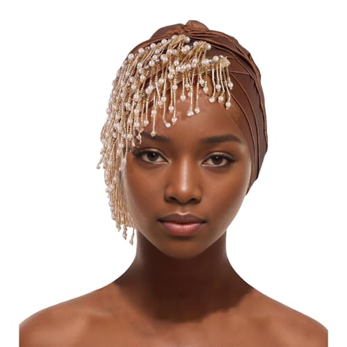 Stirnbänder Damen Afrikanische Turbanmütze für Frauen, muslimische Plissee-Perlen mit Quasten, Kopftuch, Wickelhaube, Chemo-Krebs-Kappe Laufstirnband Damen Neon (Coffee, M) von Generisch
