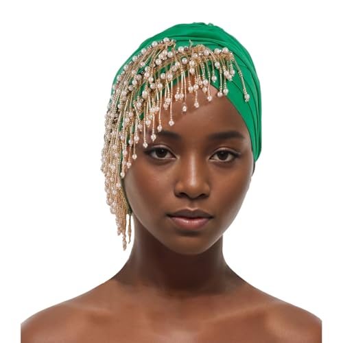 Stirnbänder Damen Afrikanische Turbanmütze für Frauen, muslimische Plissee-Perlen mit Quasten, Kopftuch, Wickelhaube, Chemo-Krebs-Kappe Laufstirnband Damen Neon (Green, M) von Generisch