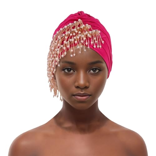 Stirnbänder Damen Afrikanische Turbanmütze für Frauen, muslimische Plissee-Perlen mit Quasten, Kopftuch, Wickelhaube, Chemo-Krebs-Kappe Laufstirnband Damen Neon (M) von Generisch