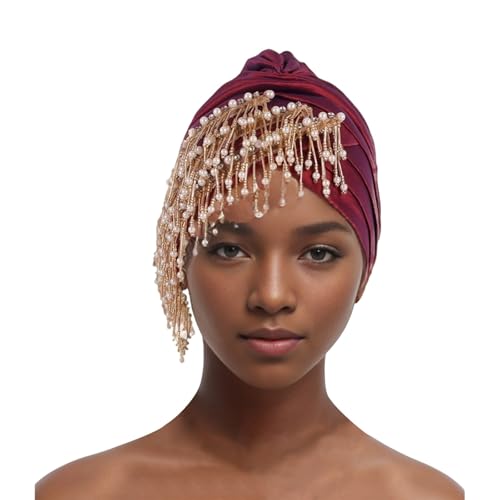 Stirnbänder Damen Afrikanische Turbanmütze für Frauen, muslimische Plissee-Perlen mit Quasten, Kopftuch, Wickelhaube, Chemo-Krebs-Kappe Laufstirnband Damen Neon (M) von Generisch