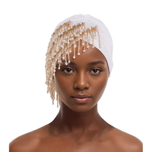 Stirnbänder Damen Afrikanische Turbanmütze für Frauen, muslimische Plissee-Perlen mit Quasten, Kopftuch, Wickelhaube, Chemo-Krebs-Kappe Laufstirnband Damen Neon (White, M) von Generisch
