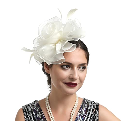 Stirnbänder Damen Winter Perlen Hut für Frauen, Hochzeit, Cocktail, Mesh, Federn, Haarspange, Teeparty-Stirnband Schweißbänder Set Neon (Beige, One Size) von Generisch