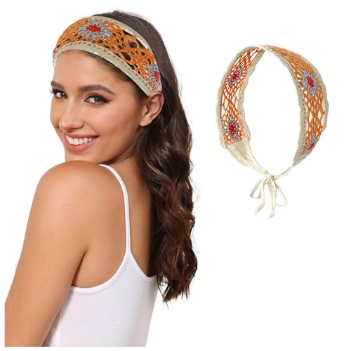 Stirnbänder für Damen, Hippie-Stirnband, Bandana, Raffhalter, Strick-Stirnband für Mädchen, breite Stirnbänder, florales Häkeln, Headwrap Bcr451 (Orange, Einheitsgröße) von Generisch