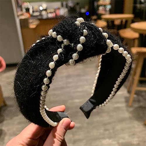 Stirnband Herbst- und Winterstirnband breitkrempiges Kaninchenfell perlgeknotetes Stirnband Baita-Netz roter Kopfschmuck koreanische gestrickte Wolle Haarloch, schwarz von Generisch