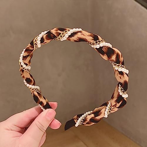 Stirnband Koreanisches Wicklungsperle Leopardenmuster Stirnband neues High-End-Netz rote Metallkette Haarschmuck Temperament Satin Stirnband, Leopardenmuster gelb von Generisch