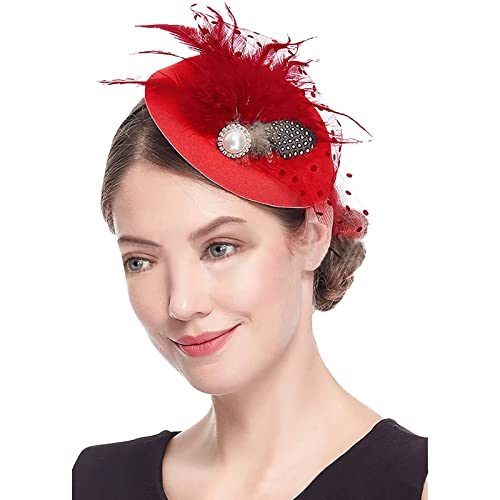Stirnband Schwarz Fascinators für Frauen Tea Party Stirnband Hut Mesh Federn Haarspange für Hochzeit Cocktail Kirche Head Band (Red, One Size) von Generisch