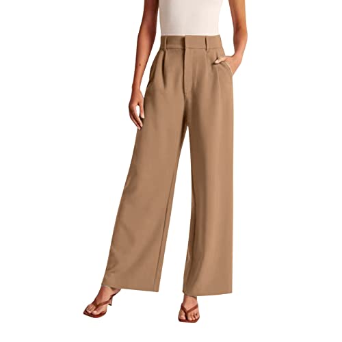 Stoffhose Anzughose Damen Leinenhose Sommer Elegant Palazzo Hose Locker Gerade Geschnittene Freizeithose Hohe Taille Einfarbig Sommerhosen Bequeme Weite Chino Anzughose mit Gummibund und Taschen von Generisch