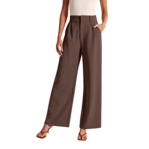 Stoffhose Anzughose Damen Leinenhose Sommer Elegant Palazzo Hose Locker Gerade Geschnittene Freizeithose Hohe Taille Einfarbig Sommerhosen Bequeme Weite Chino Anzughose mit Gummibund und Taschen von Generisch