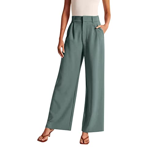 Stoffhose Anzughose Damen Leinenhose Sommer Elegant Palazzo Hose Locker Gerade Geschnittene Freizeithose Hohe Taille Einfarbig Sommerhosen Bequeme Weite Chino Anzughose mit Gummibund und Taschen von Generisch