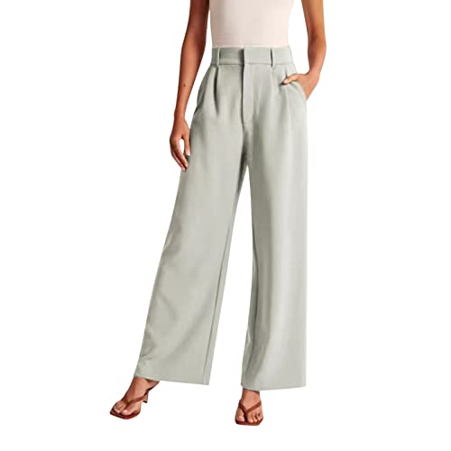 Stoffhose Anzughose Damen Leinenhose Sommer Elegant Palazzo Hose Locker Gerade Geschnittene Freizeithose Hohe Taille Einfarbig Sommerhosen Bequeme Weite Chino Anzughose mit Gummibund und Taschen von Generisch
