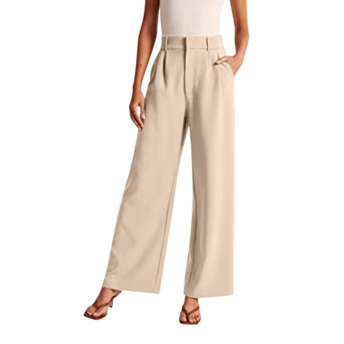 Stoffhose Anzughose Damen Leinenhose Sommer Elegant Palazzo Hose Locker Gerade Geschnittene Freizeithose Hohe Taille Einfarbig Sommerhosen Bequeme Weite Chino Anzughose mit Gummibund und Taschen von Generisch