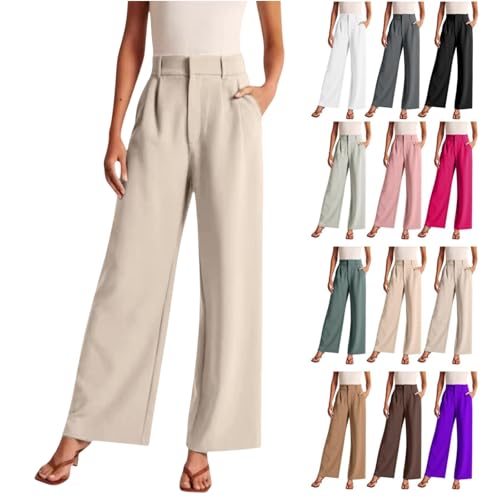 Stoffhose Anzughose Damen Leinenhose Sommer Elegant Palazzo Hose Locker Gerade Geschnittene Freizeithose Hohe Taille Einfarbig Sommerhosen Bequeme Weite Chino Anzughose mit Gummibund und Taschen von Generisch