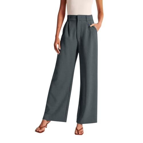 Stoffhose Anzughose Damen Leinenhose Sommer Elegant Palazzo Hose Locker Gerade Geschnittene Freizeithose Hohe Taille Einfarbig Sommerhosen Bequeme Weite Chino Anzughose mit Gummibund und Taschen von Generisch