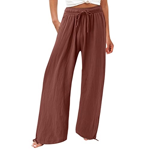 Strand Hose Damen,Coole Sachen Für Mädchen Damen Casual Loose High Waist Baumwolle Leinen Weit Geschnittene Lange Hosen Mit Taschen Trainingshose Leichte Hose Damen Sommer Sport (Heißes Rosa,L) von Generisch