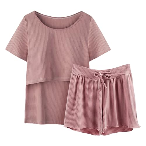 Strand Shorts Two Piece Set Damen Große Größe Damen-Pyjamas, Pyjama-Ärmel, Nachtwäsche, Still-Shirt Set, Baby-Umstands-Oberteil, kurze Hosen, Umstands-Pyjamas mit Schlafanzug Shorts Set für (Red, XXL) von Generisch