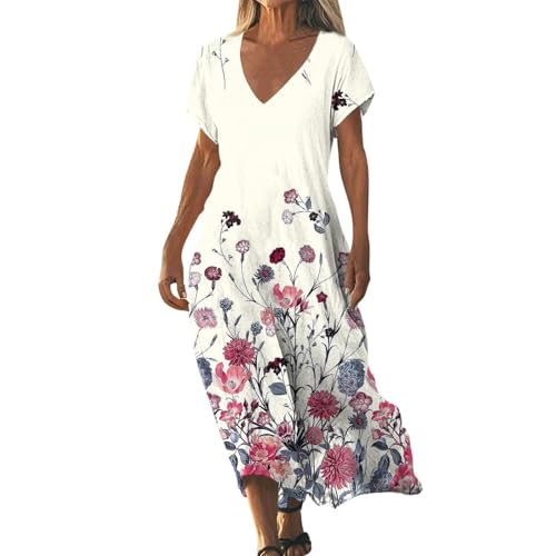 Strandkleid, Strandkleid Damen Lang Vintage a Linie V Ausschnitt Tunikakleid Sommer Blümchenkleid Maxikleid Strandmode Sommerkleider Leicht und Luftig Vintage Shirtkleid, Hellviolett, XL von Generisch