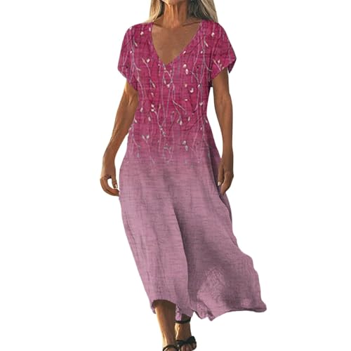 Strandkleid, Strandkleid Damen Lang Vintage a Linie V Ausschnitt Tunikakleid Sommer Blümchenkleid Maxikleid Strandmode Sommerkleider Leicht und Luftig Vintage Shirtkleid, Rosa, 3XL von Generisch