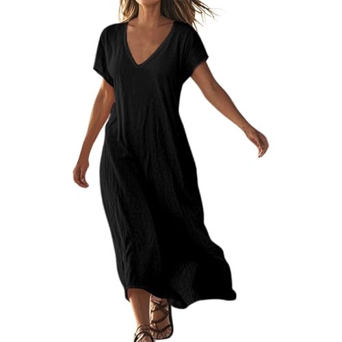 Strandkleid, Strandkleid Damen Lang Vintage a Linie V Ausschnitt Tunikakleid Sommer Blümchenkleid Maxikleid Strandmode Sommerkleider Leicht und Luftig Vintage Shirtkleid, Schwarz, XL von Generisch