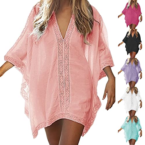 Strandkleid Damen Pareos & Strandkleider Luftig Strand Tunika Strandponcho Baggy Strandtunika Sommerkleid Sommer Bikini Cover Up Beach Dress for Women Strandbluse V-Ausschnitt Strand Kleider von Generisch