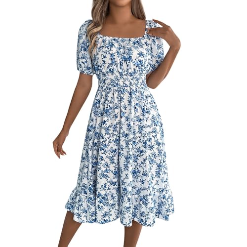 Strandkleid Damen luftig Sommerkleid Damen Hohe Taille Quadratischer Ausschnitt Puff Ärmel A Linie Blumenkleid Leicht Boho Kleider Freizeit Chiffon Elegant Urlaubskleid Blue M von Generisch