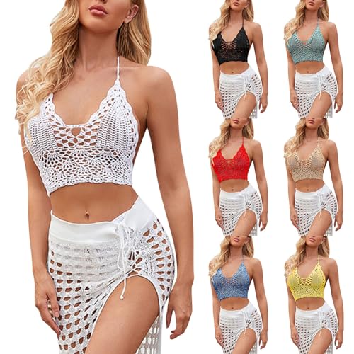 Strandkleider Damen Sommer, Bikini Cover Up Damen 2 Teilig Badeanzug Set Häkeln Ärmellose Crop Top und Strickrock Häkelkleid Strand Bademode Gestrickte Strandkleid Beach Crochet Coverups Weiße von Generisch