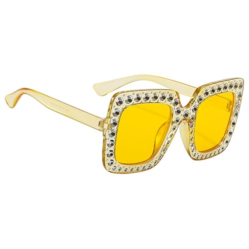 Strass-Sonnenbrille für Damen – Glitzer-Schattierungen, Brillen, übergroßer quadratischer Rahmen, trendige Brillen, Kristallverzierung, einzigartig, schick, funkelndes Brillenzubehör, ideal für Urlaub von Generisch