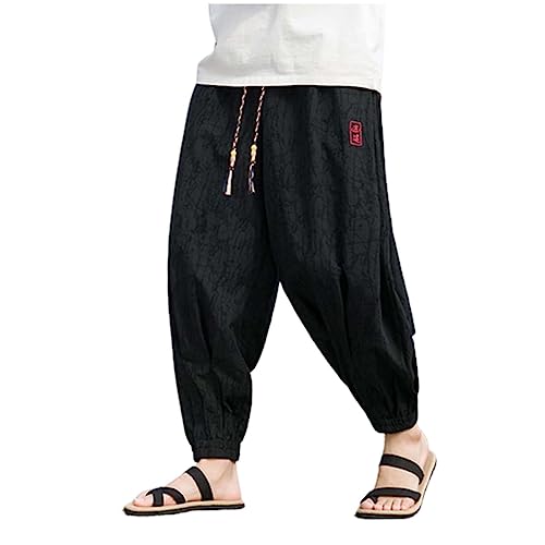 Streetwear Herren Haremshose Japanischer Stil Freizeithose Herren Jogger Hose Chinesische Baggy Hose Haremshose Herren Haremshose mit Gedruckten Mit Tasche Baggy (Schwarz,M) von Generisch