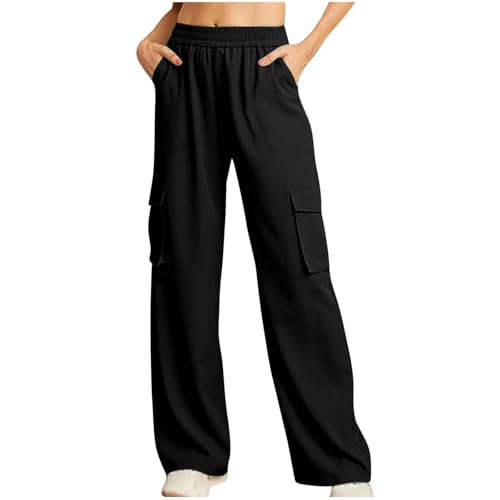 Stretch-Freizeithose für Damen, weiche Loungehose, Cargohose, hohe Taille, lässig, weites Bein, Cargohose mit Taschen, Trainingshose, Reißverschluss, Schwarz , M von Generisch