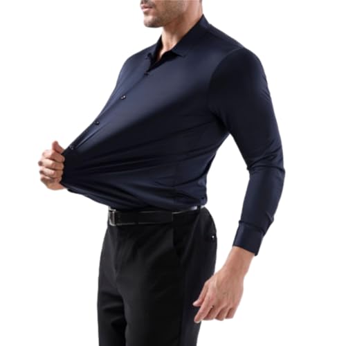 Stretch Non-Iron Anti-Wrinkle Shirt, Stretch Solid Wrinkle-Free Long Sleeve Button Down Regular Fit Formal Shirts (Navy,L) von Generisch