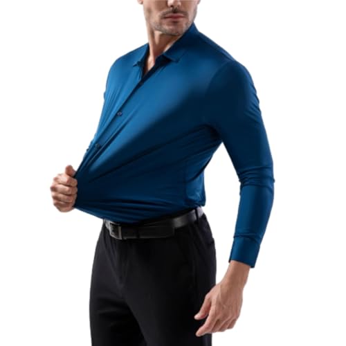 Stretch Non-Iron Anti-Wrinkle Shirt, Stretch Solid Wrinkle-Free Long Sleeve Button Down Regular Fit Formal Shirts (Peacock Blue,XL) von Generisch