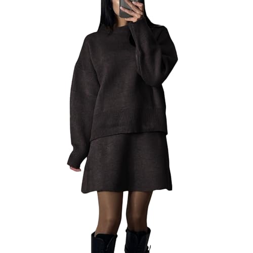 Strick - 2 - Teiler Damen Rock Winter Elegant Hosenanzug Damen 2 Teilig mit Kleid Strickanzug Damen Set Warm Hausanzug Frauen Kuschelig Strick Anzug Freizeitanzug Gestricktes Rundhals von Generisch