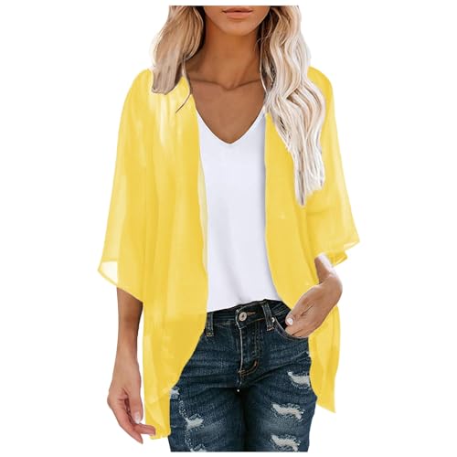 Strick Cardigan, Damen Bolero Festlich Leichte Schulterjacke Kurz Strickjacke Chiffon Elegant Shrug Sommer Cardigan Langarm Bolerojacke Strick Dirndl Bluse Open Front Oberteil Gelb von Generisch